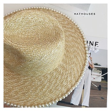 Diamond Pearls Decor Wide Brim Straw Hat